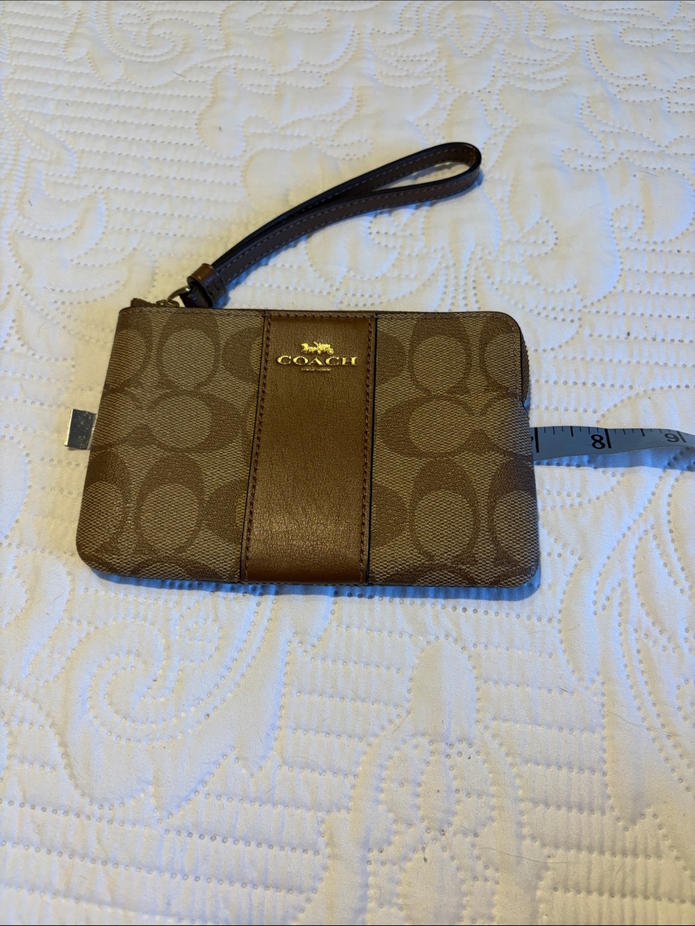 Coach Brown Signature Canvas Wristlet with Leather Trim